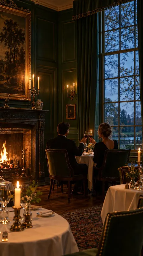 Een eetzaal bij avond met kaarsen en een tafel voor twee bij het raam