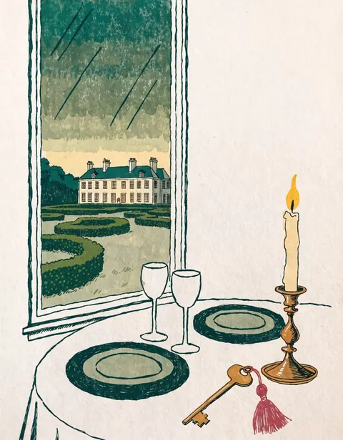 Illustratie van een gedekte tafel bij een raam met uitzicht op een landgoed